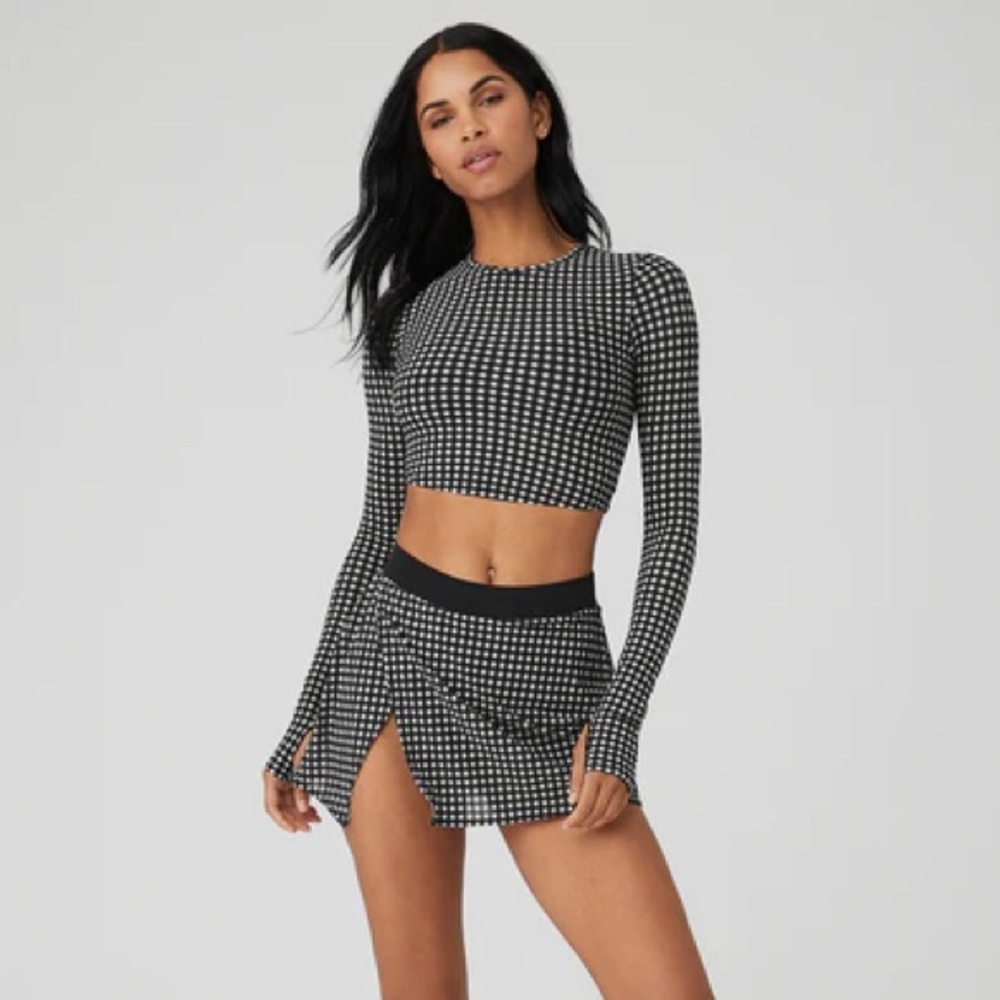 ALO Yoga Mesh Gingham Cropped Long Sleeve Top